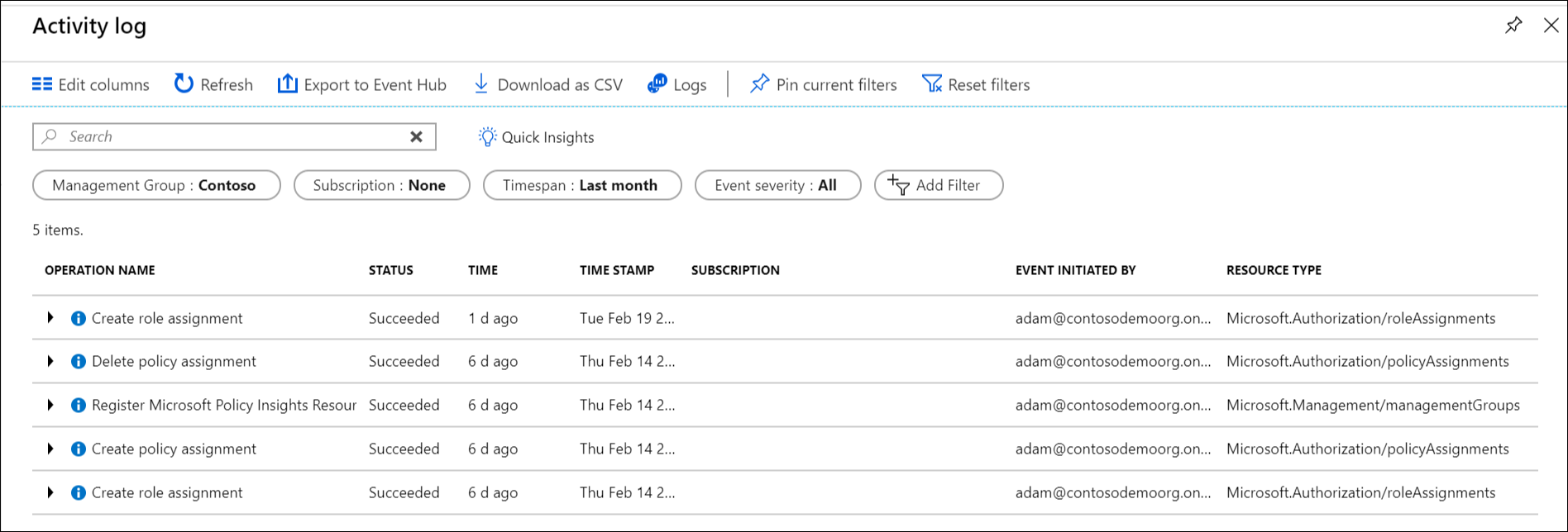 Screenshot of activity logs and operations related to a selected management group.