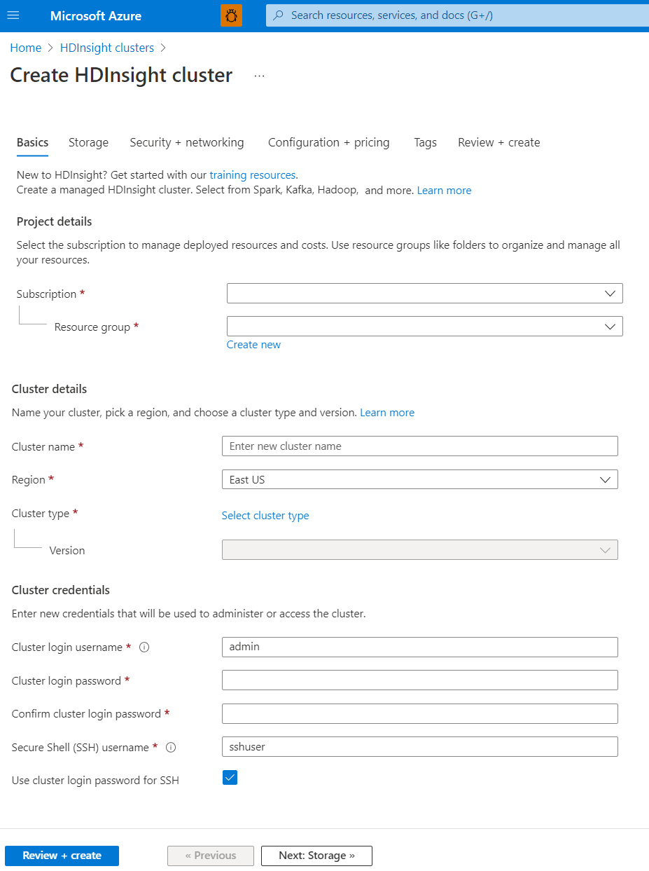 Screenshot that shows the Create HDInsight cluster options.