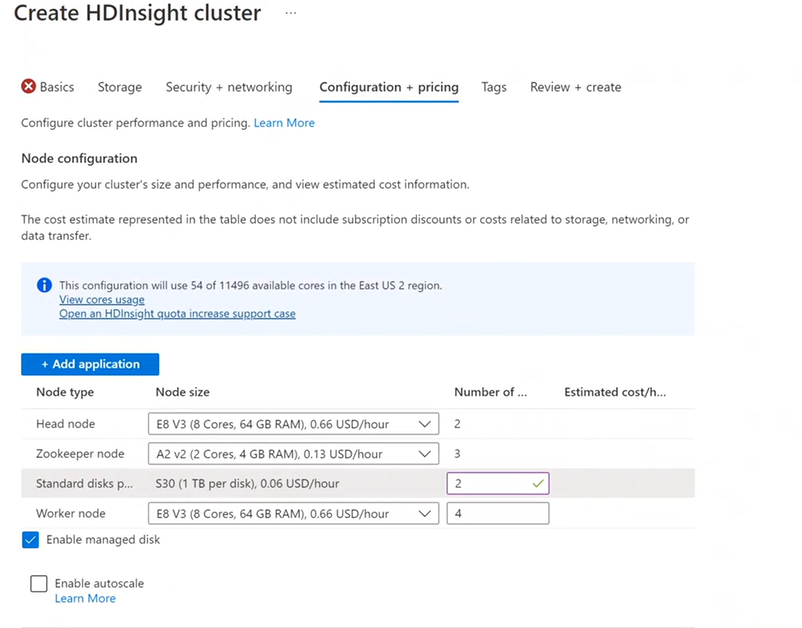 Screenshot that shows choosing your node size for HDInsight.