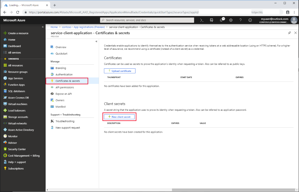 Azure portal. Service Client Secret