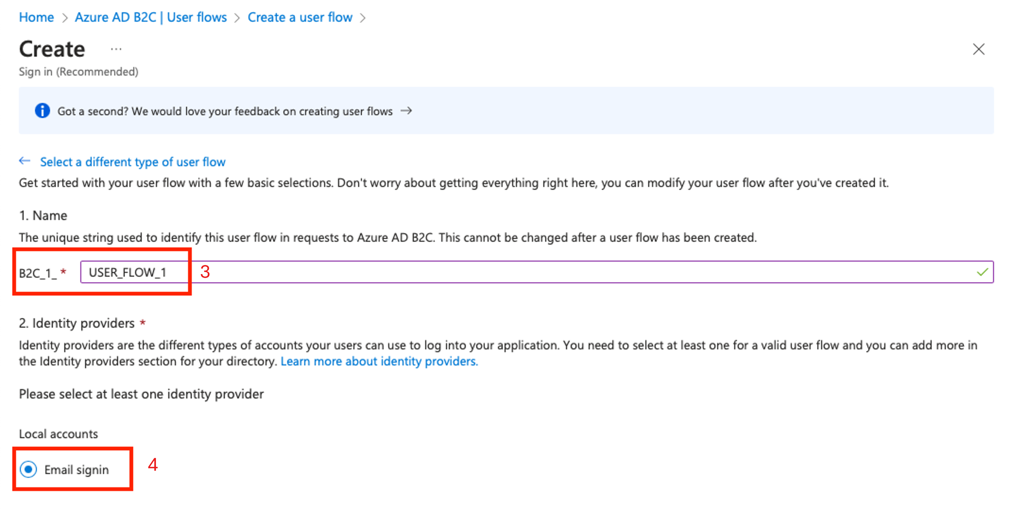 Screenshot showing B2C user flow configuration.