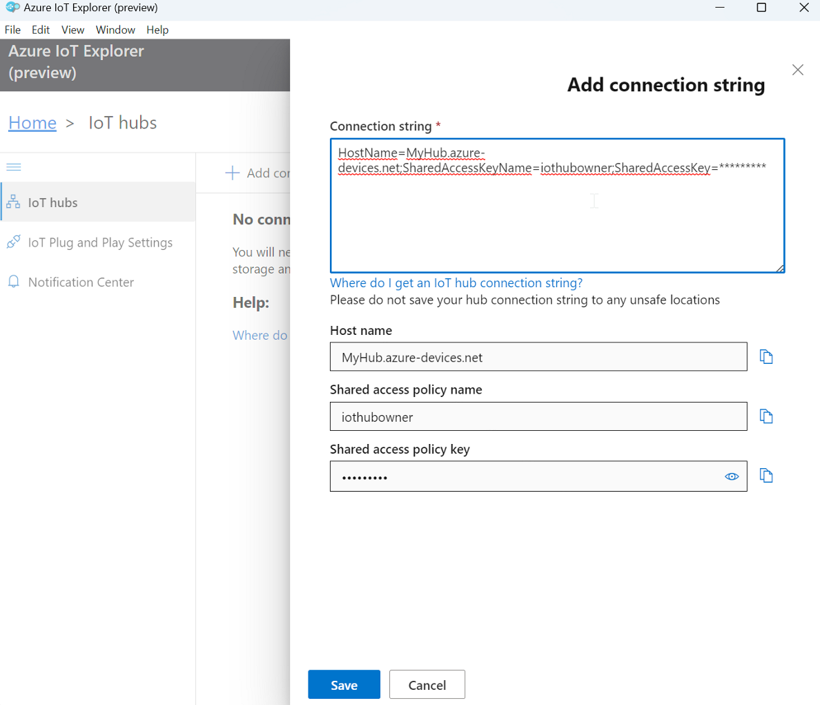 Screenshot of adding a connection in IoT Explorer.