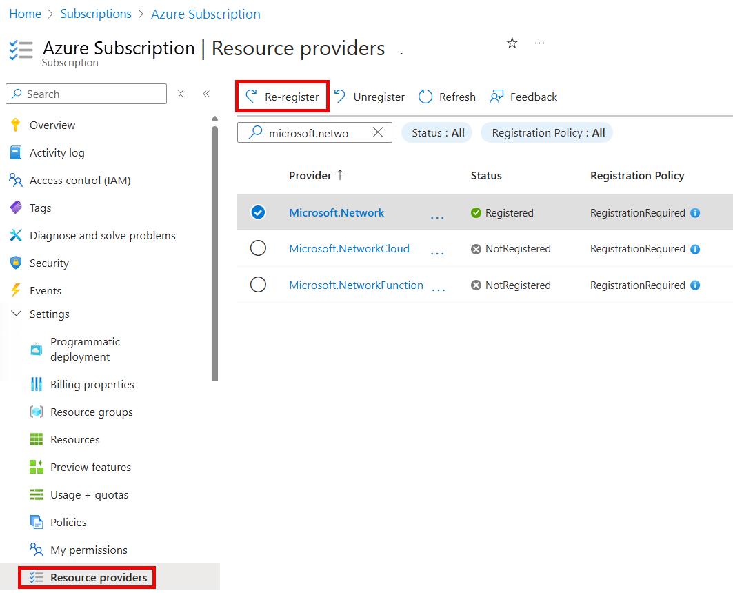 Screenshot of re-registration of Microsoft.Network resource provider in subscription.