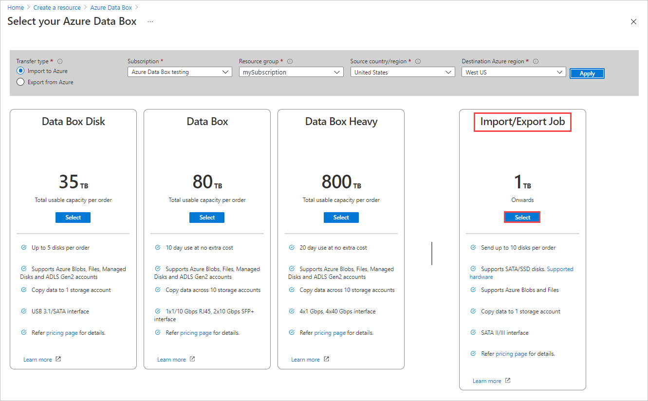 Screenshot showing product options for a new Data Box order. The Select button for Import Export Job is highlighted.