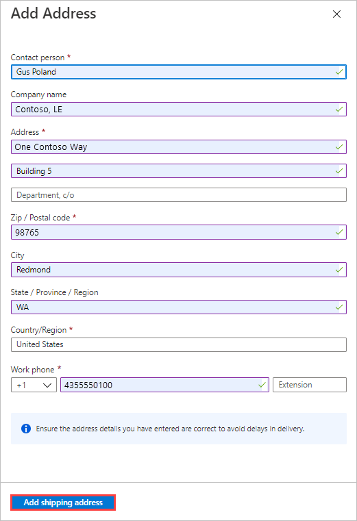 Screenshot showing an address on the Add Address blade for an import job in Azure Data Box. The Add Shipping Address button is highlighted.