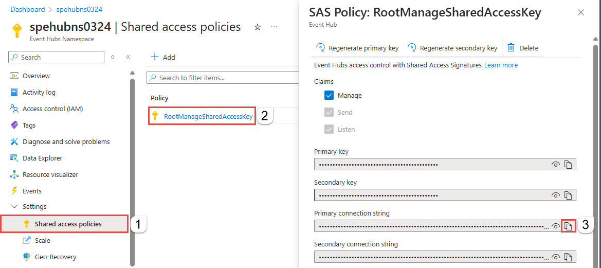 Screenshot shows an SAS policy called RootManageSharedAccessKey, which includes keys and connection strings.