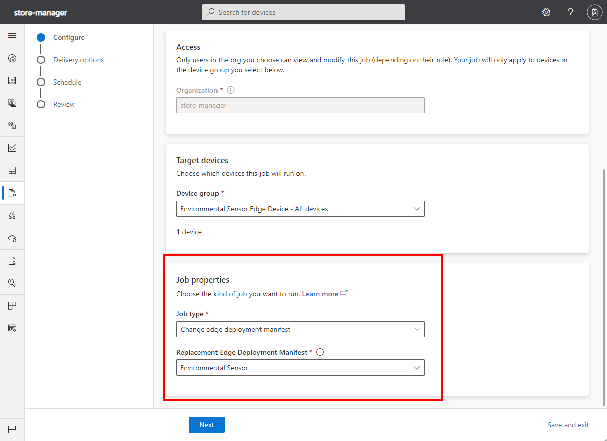 Screenshot that shows the deployment manifest job type.