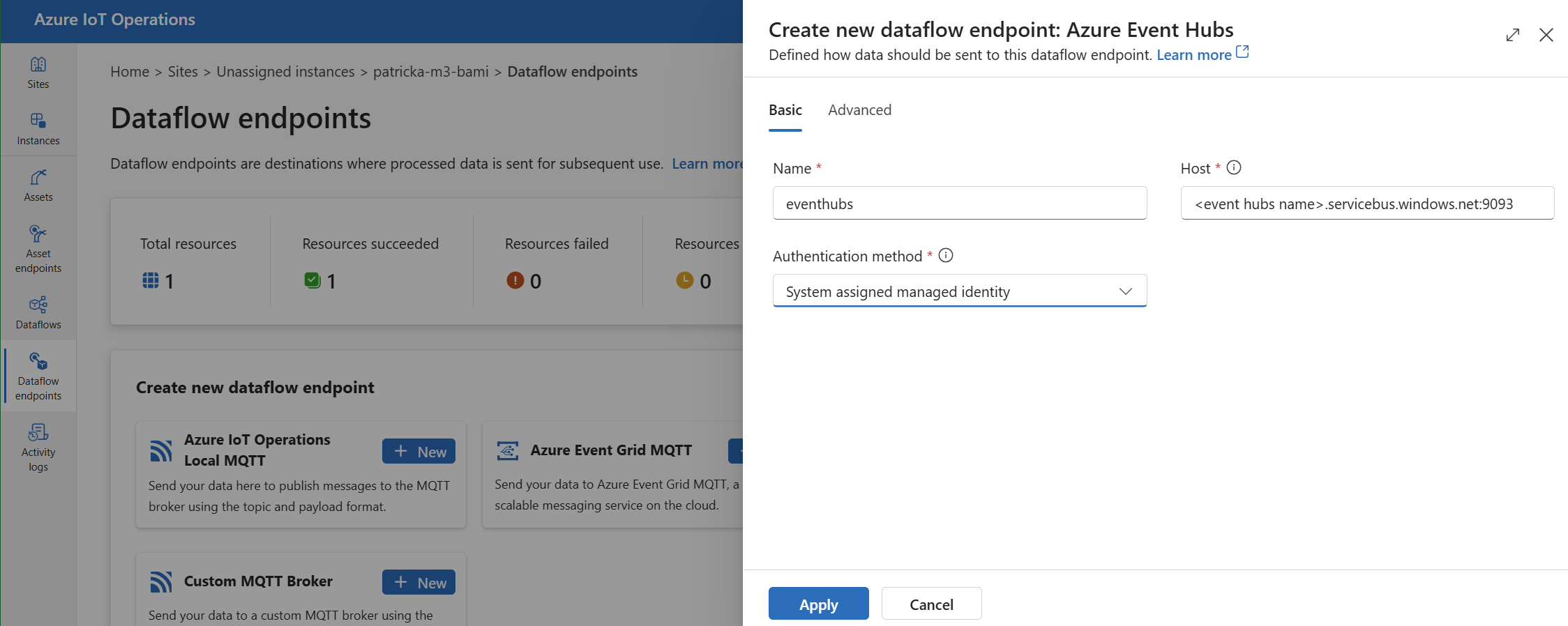 Screenshot using operations experience to create an Azure Event Hubs data flow endpoint.