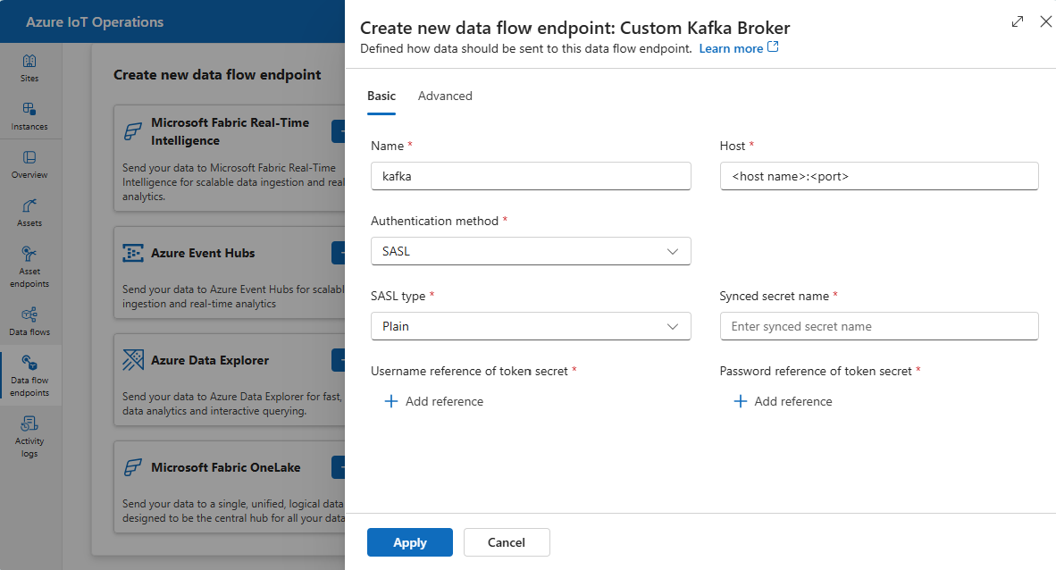 Screenshot using operations experience to create a Kafka data flow endpoint.