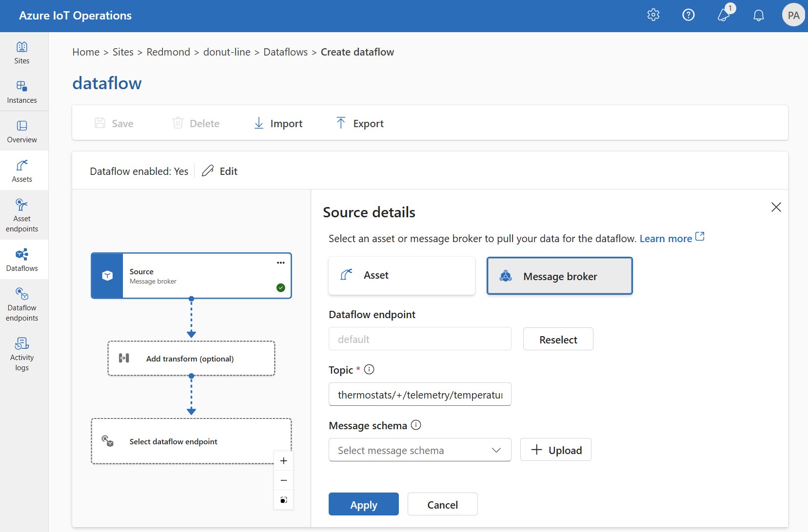 Screenshot using operations experience to select message broker as the source endpoint.