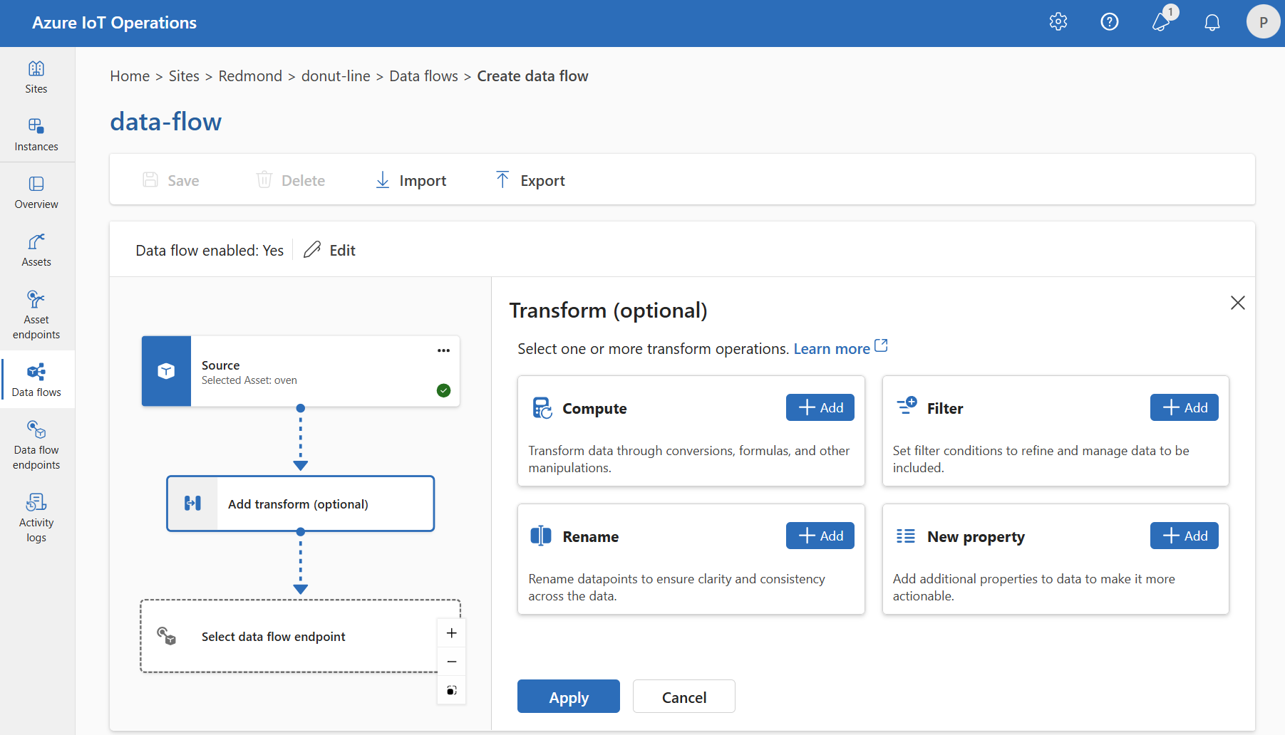 Screenshot using operations experience to add a transform to a dataflow.