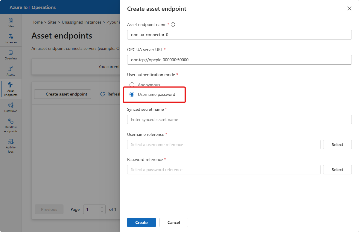 Screenshot that shows the username and password authentication mode selected.