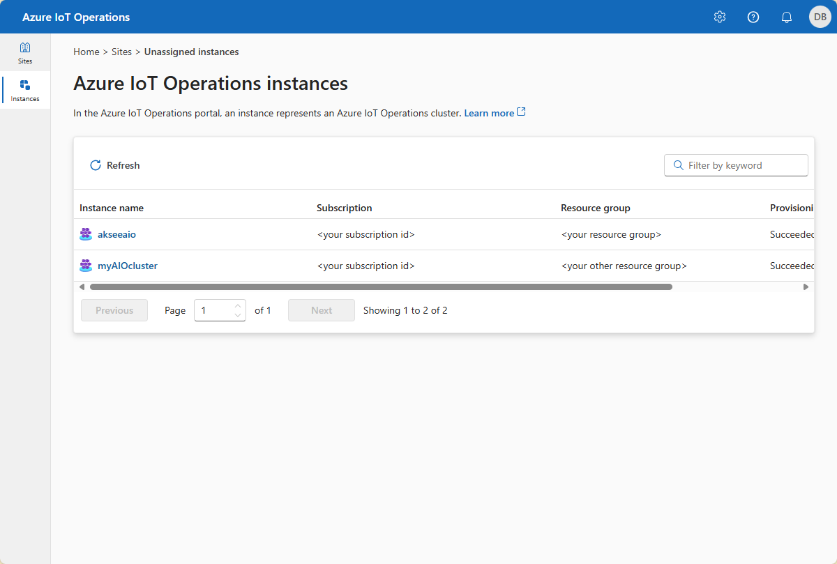 Screenshot that shows the list of instances in the operations experience.