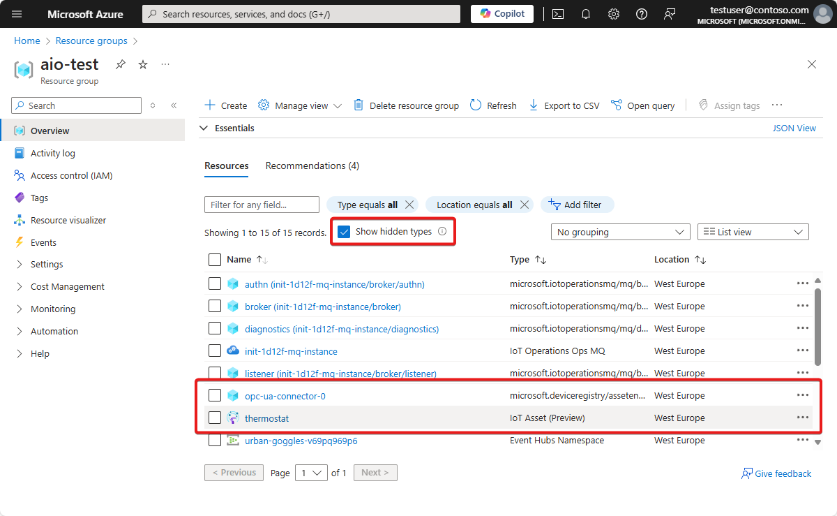 Screenshot of the Azure portal that shows an asset and asset endpoint.