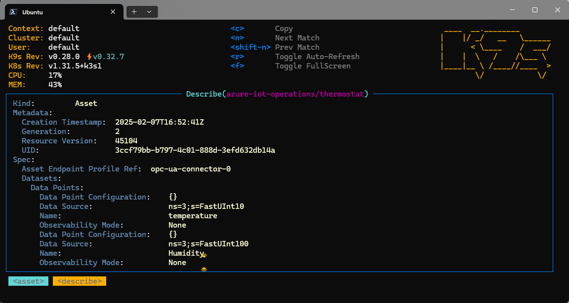 A screenshot that shows the thermostat asset as a Kubernetes custom resource.