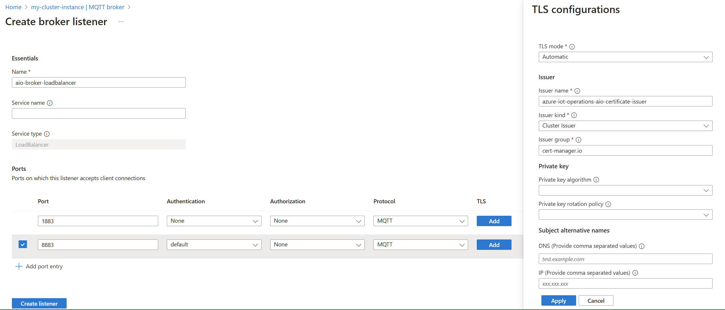 Screenshot that shows using the Azure portal to create an MQTT broker for load balancer listener.