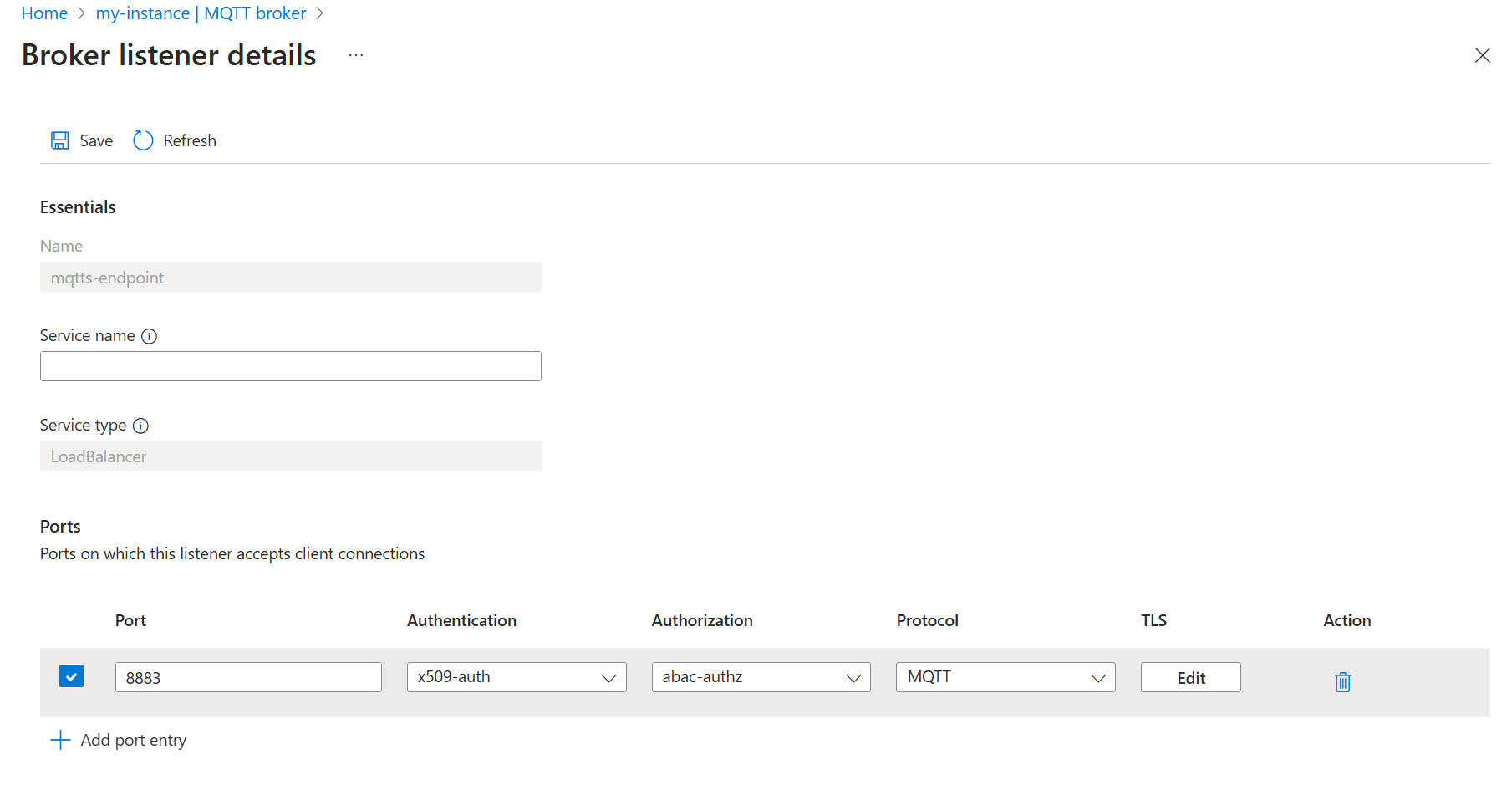 Screenshot showing Azure portal for linking a port to an authorization policy.