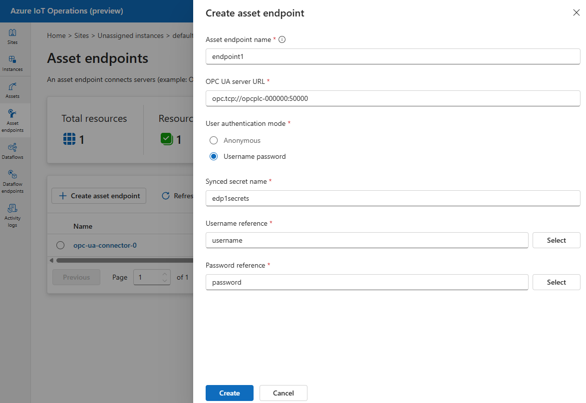 Screenshot that shows the synced secret name field when username password is selected for authentication mode in operations experience.