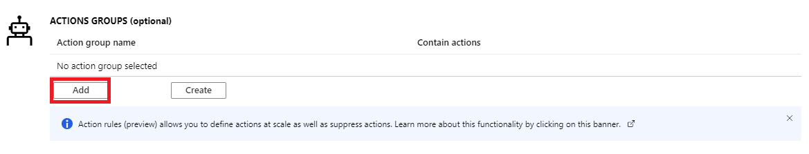 Screenshot that shows the button for adding an action group.