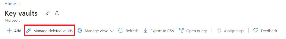 On Key vaults, the Manage deleted vaults option is highlighted.