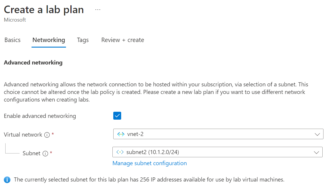 Screenshot of the Networking tab of the Create a lab plan wizard.