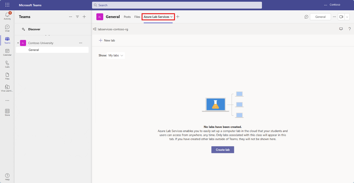 Screenshot that shows the Azure Lab Services tab in Teams.