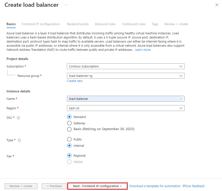 Screenshot of create standard load balancer basics tab.