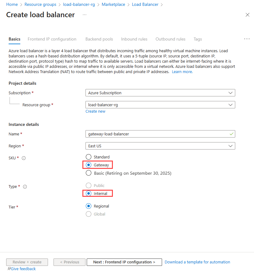 Screenshot of create standard load balancer basics tab.