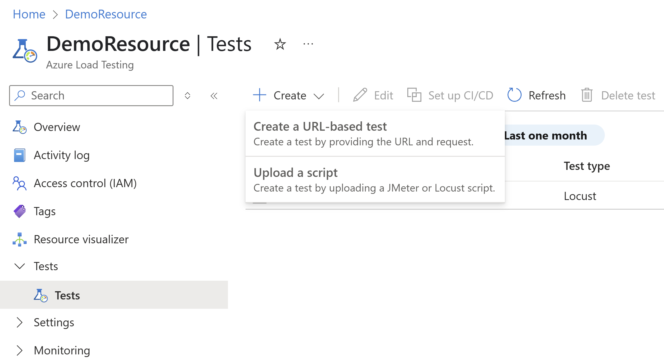 Screenshot that shows the options to create a new test in the Azure portal.