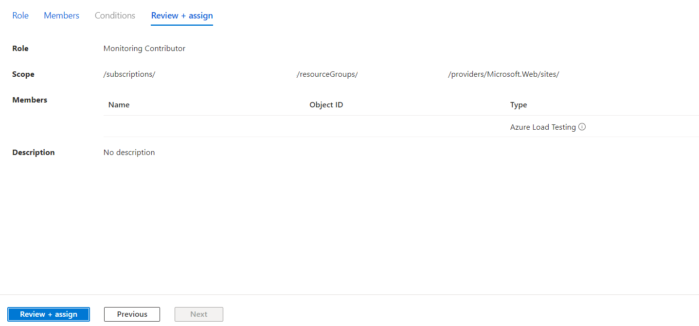 Screenshot of assigning the permissions to read metrics to the load testing resource.