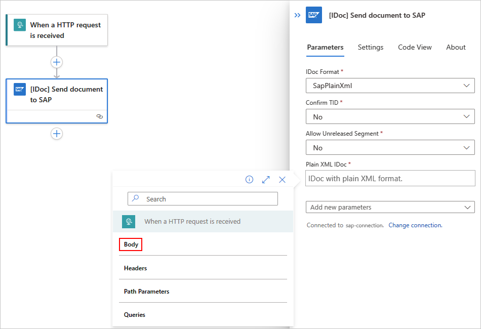 Screenshot shows Standard workflow, Request trigger, and selecting trigger output named Body.