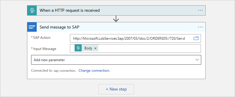 Screenshot shows Consumption workflow and completed action named Send message to SAP.