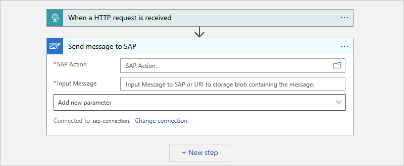 Screenshot shows Consumption workflow with SAP managed connector action named Send message to SAP.