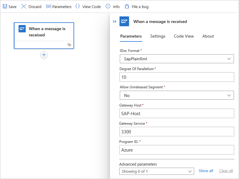 Screenshot shows basically configured SAP built-in connector trigger in Standard workflow.