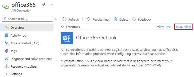 Screenshot that shows the Azure portal and API Connection pane with "JSON View" selected.