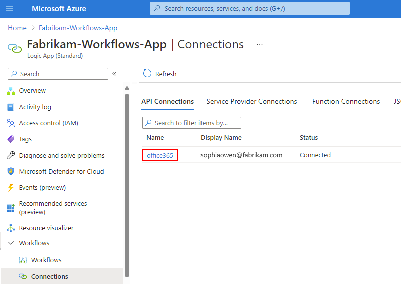 Screenshot that shows the Azure portal and logic app menu with the "Connections" and "office365" connection resource name selected.