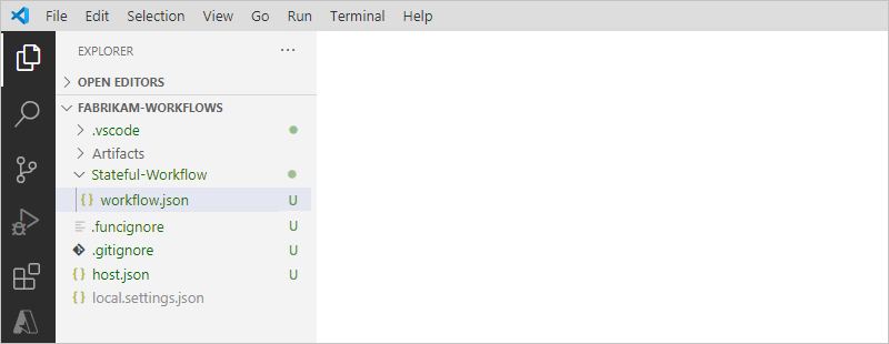 Screenshot shows Explorer pane with project folder, workflow folder, and workflow.json file.