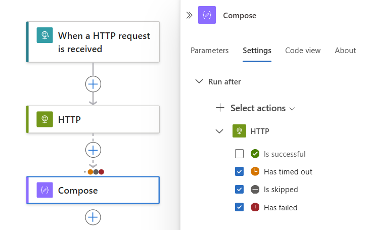 Screenshot shows current action and multiple selected run after statuses.