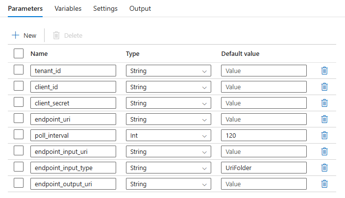 Screenshot of the pipeline parameters expected for the resulting pipeline that uses a service principal.