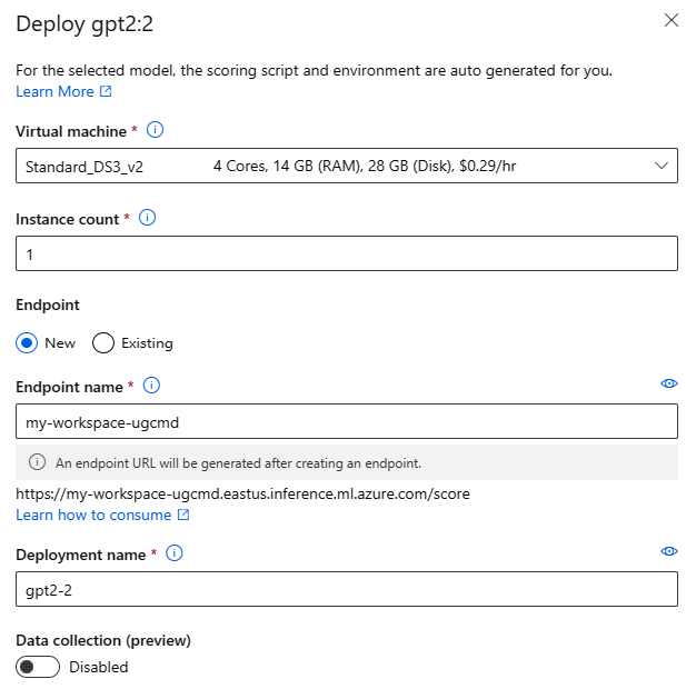 Screenshot showing the deploy options on the foundation model card after user selects the deploy button.