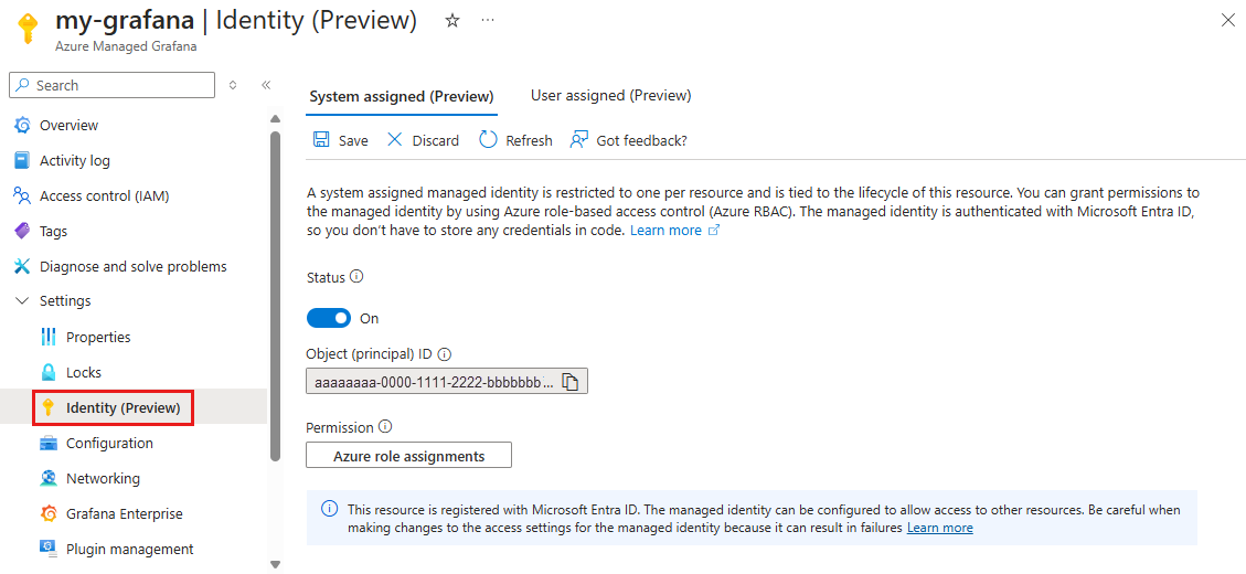 Screenshot of the Azure portal. Enabling a system-assigned managed identity.