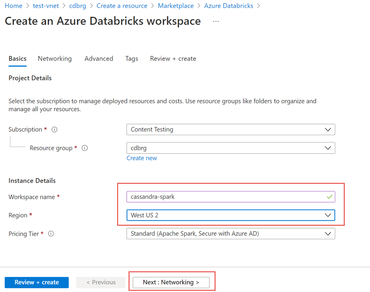 Screenshot shows a dialog box where you can enter workspace name, region, and pricing tier for the Databricks account.