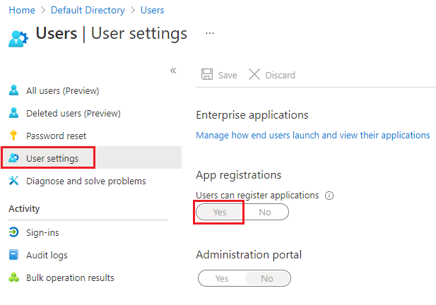 Screenshot of verification in User Settings if users can register Active Directory apps.