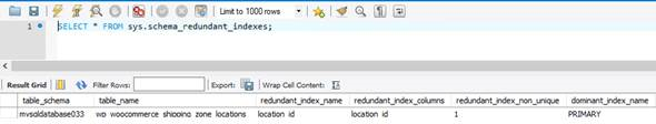 Screenshot of Redundant indexes.