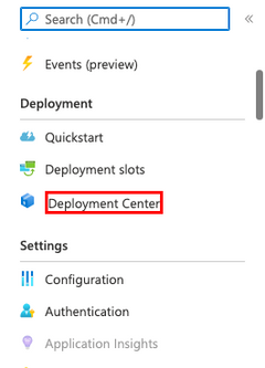 Screenshot showing how to open the deployment center in App Service.