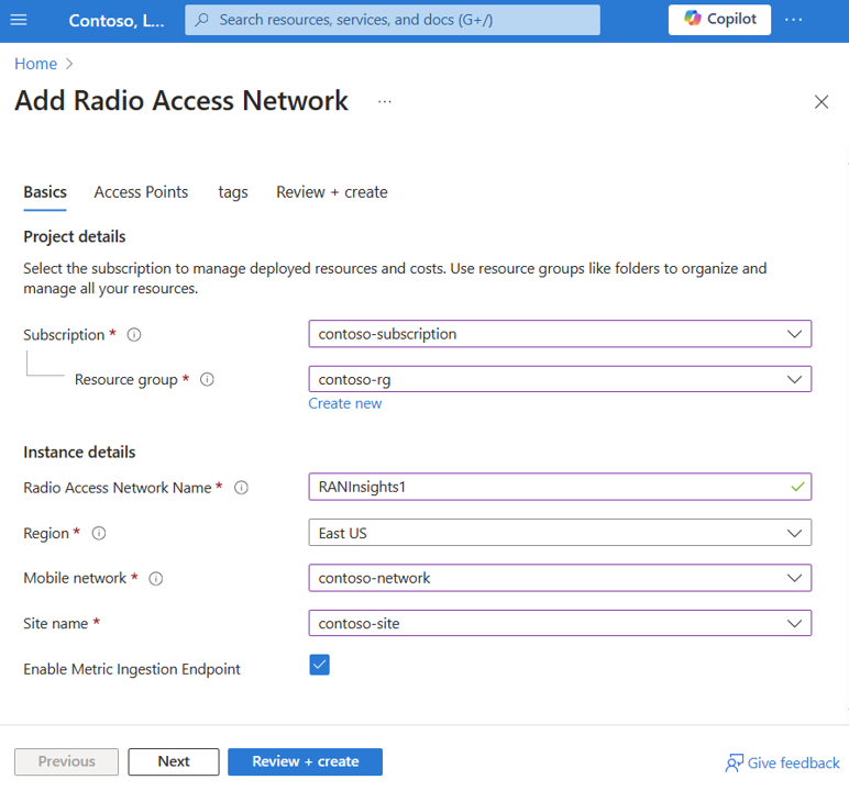 Screenshot of the Azure portal showing a RAN insight resource basics tab during creation.