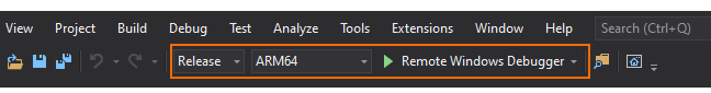 A screenshot showing the Visual Studio configuration and debugger mode.