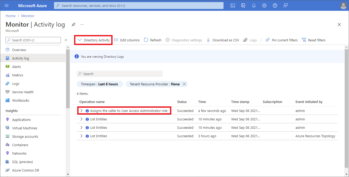 Screenshot that shows activity logs for the directory in Azure Monitor.