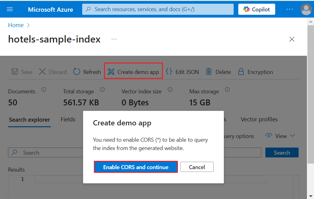 Screenshot of the enable CORS action.