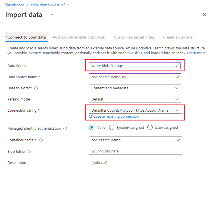 Screenshot of the data source definition page.